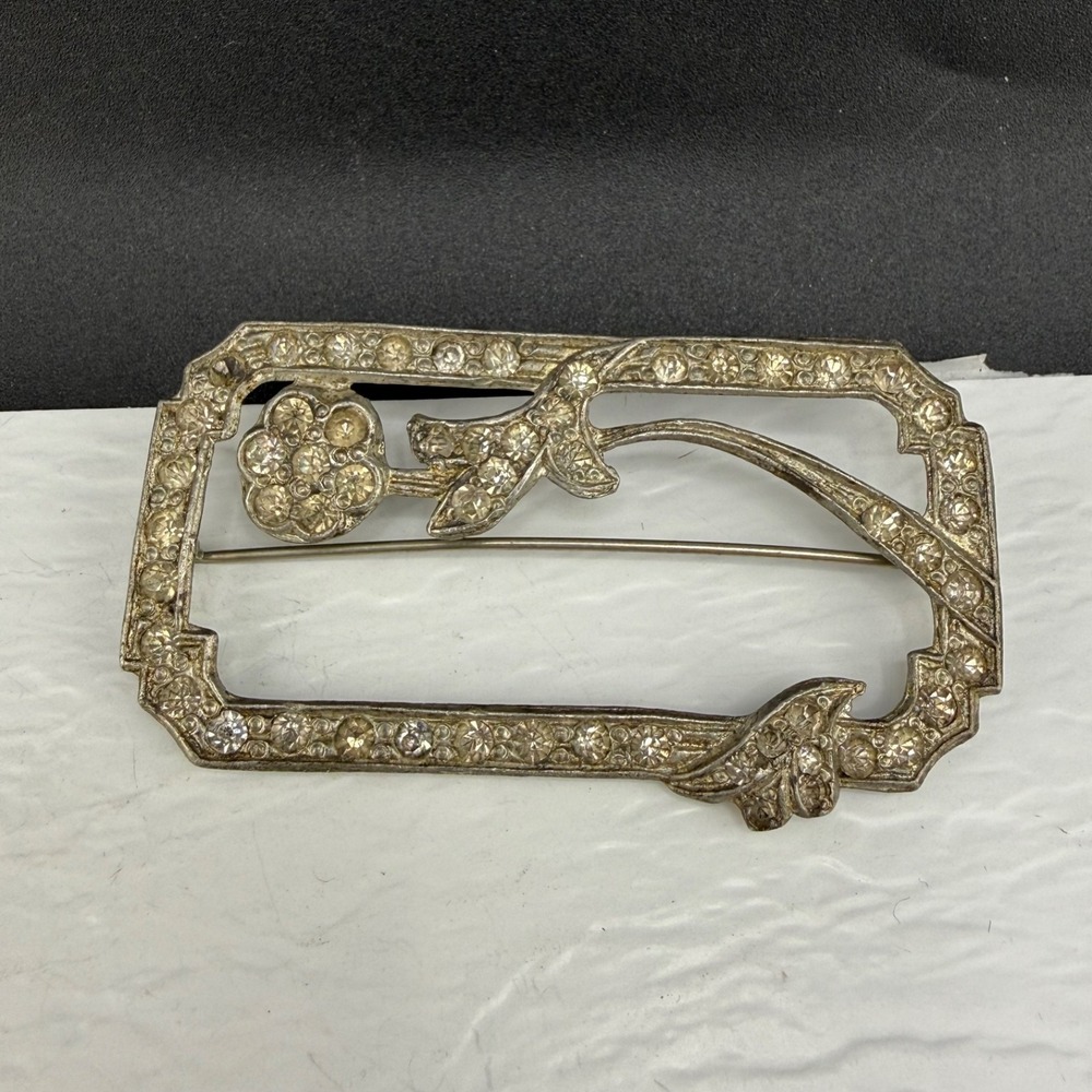 Vintage Estate Brooch Silver Pot Metal Rhinestone Floral Art Deco Style